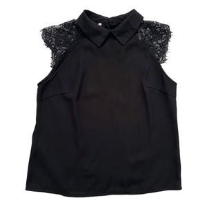 Black Lace Shoulders Chiffon Like Collared Back Keyhole Button Blouse Top S